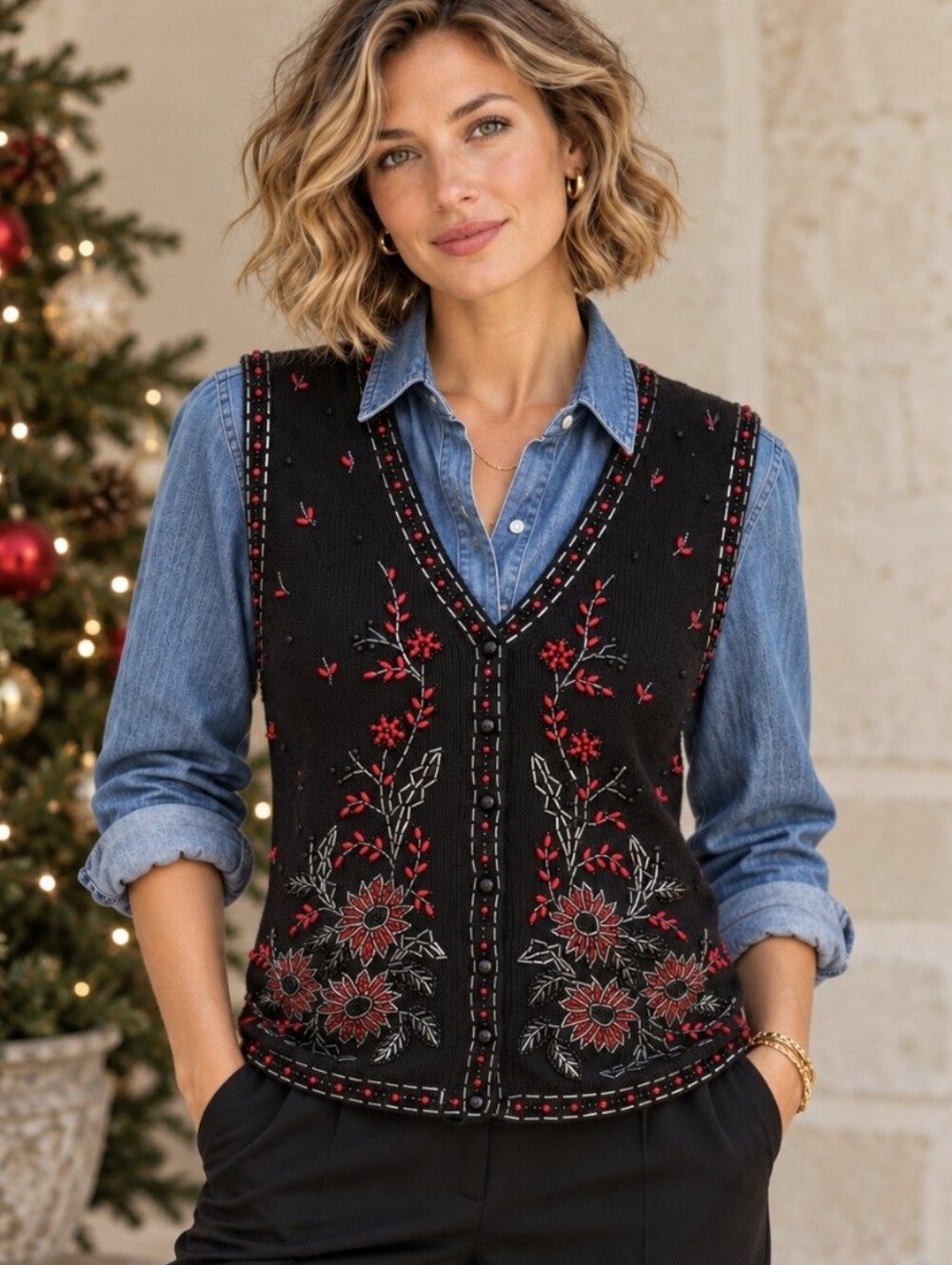 Vintage Yarnworks Christmas Sweater Vest Black Beaded Buttons 90's Holiday Sz M